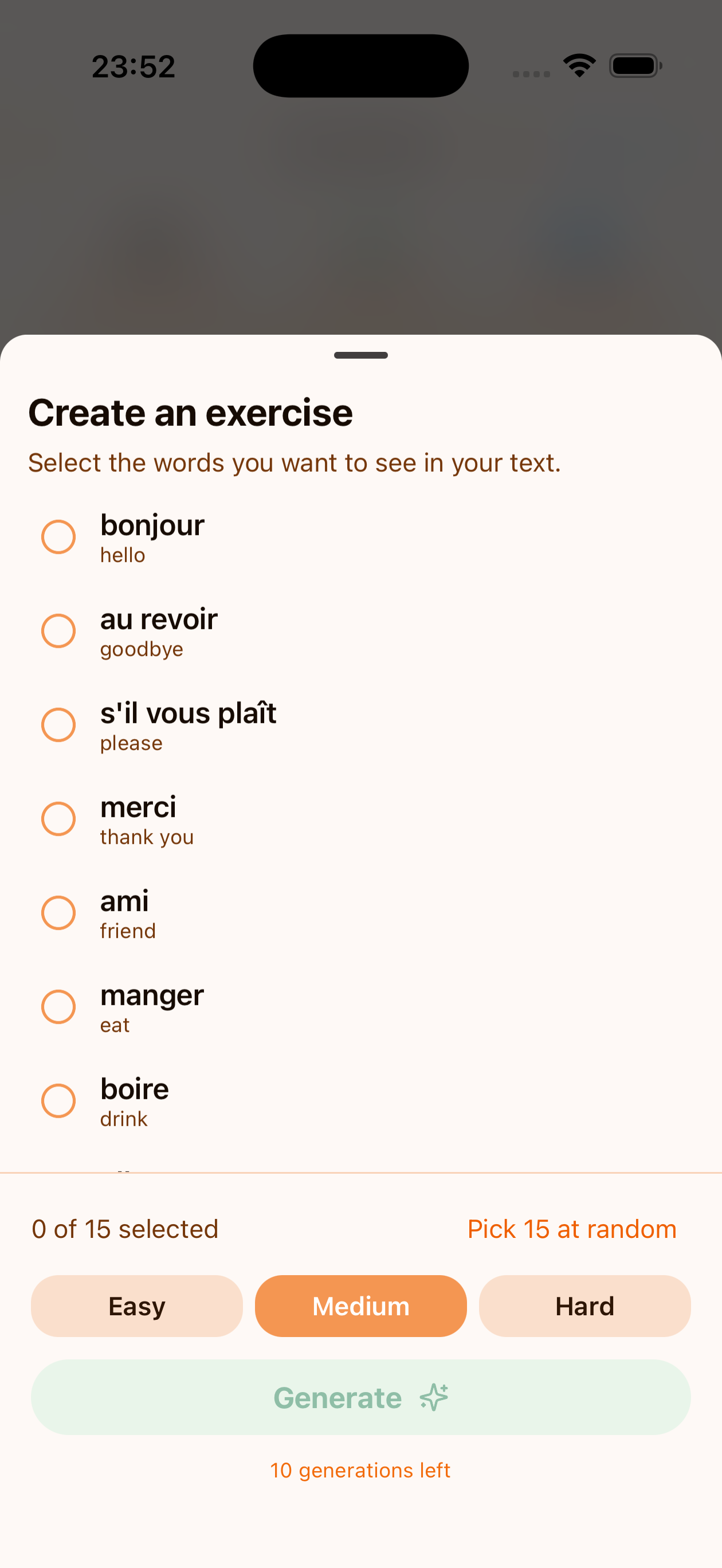 The Create an exercise sheet with a list of words, each with a circular checkbox