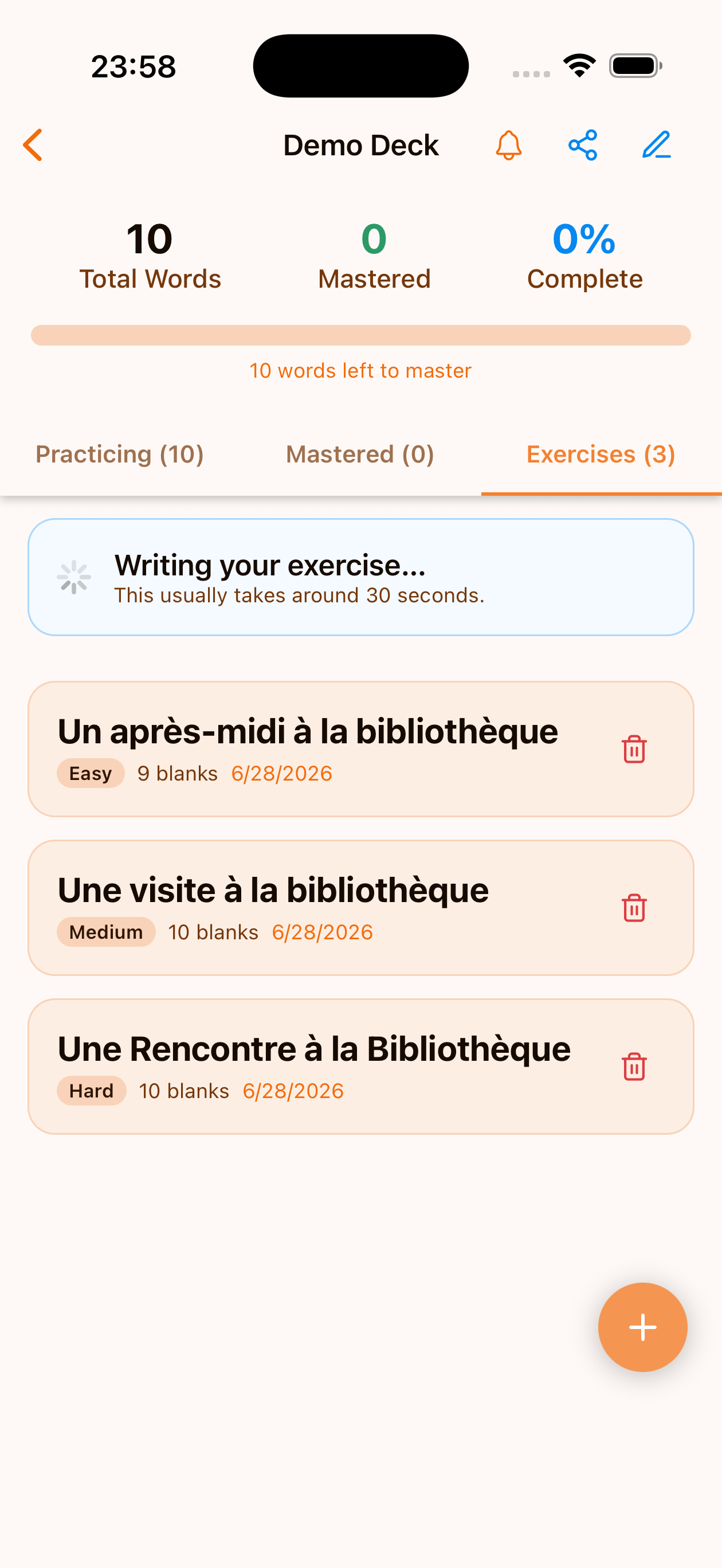 The Exercises tab showing a "Writing your exercise..." progress banner above the existing exercises