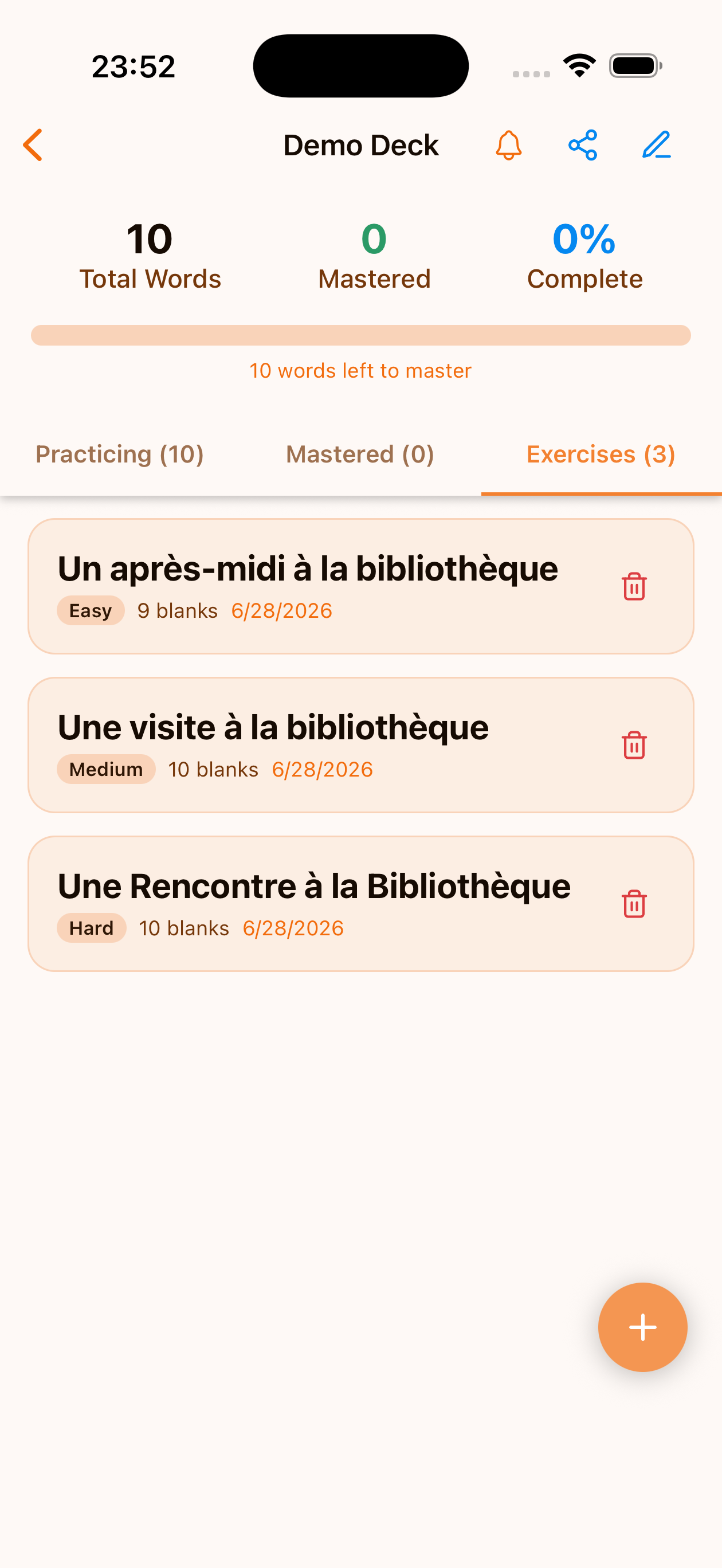 The Exercises tab inside a deck, listing three generated exercises with difficulty badges and blank counts