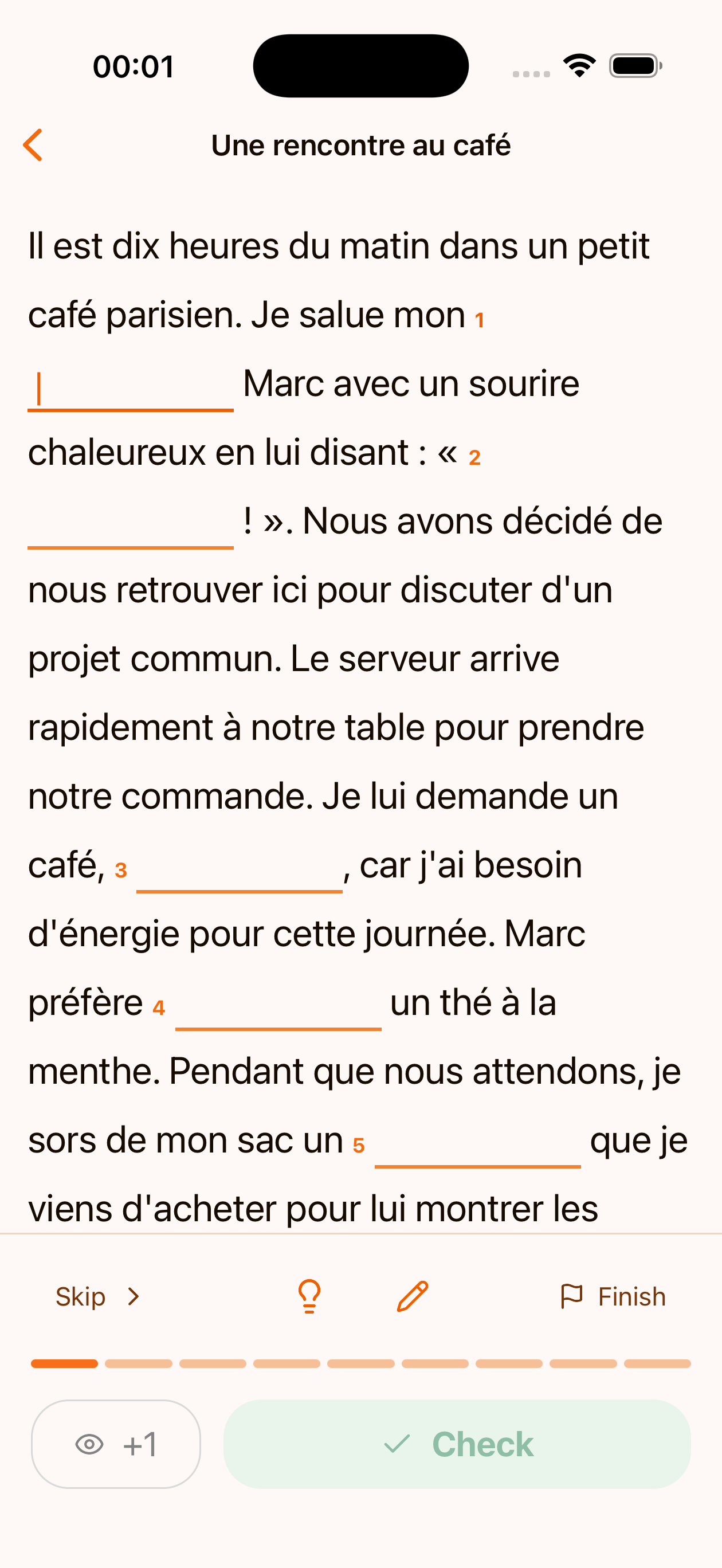 An exercise in progress: a French text with numbered blanks and a control bar at the bottom
