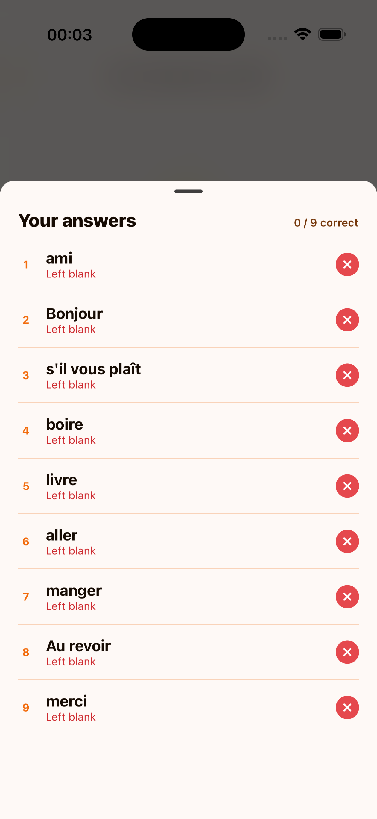 The Review answers sheet listing each blank, the correct word, and a status icon