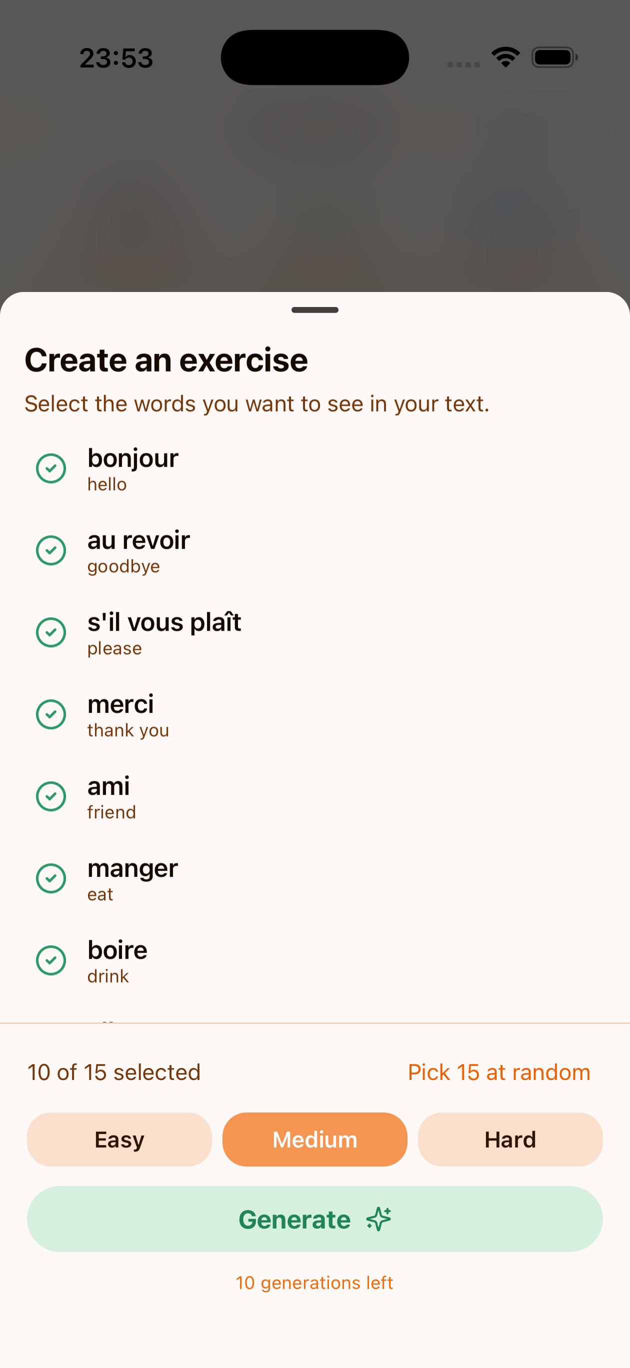 The sheet with ten words selected and the green Generate button enabled