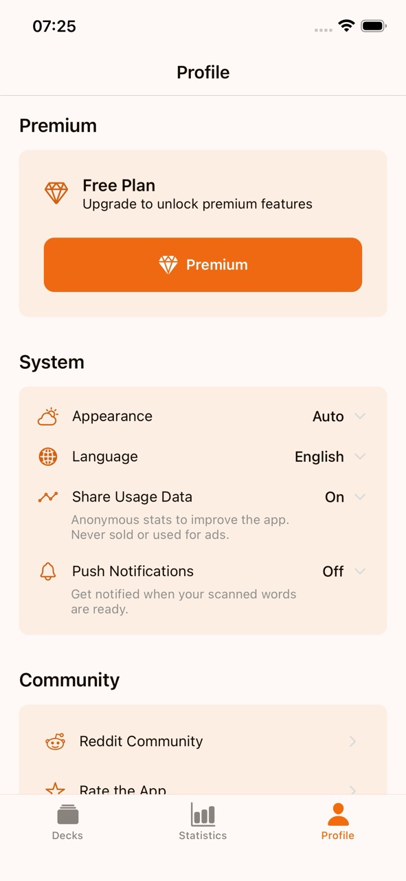 The Profile tab showing Premium status, system settings, and community links