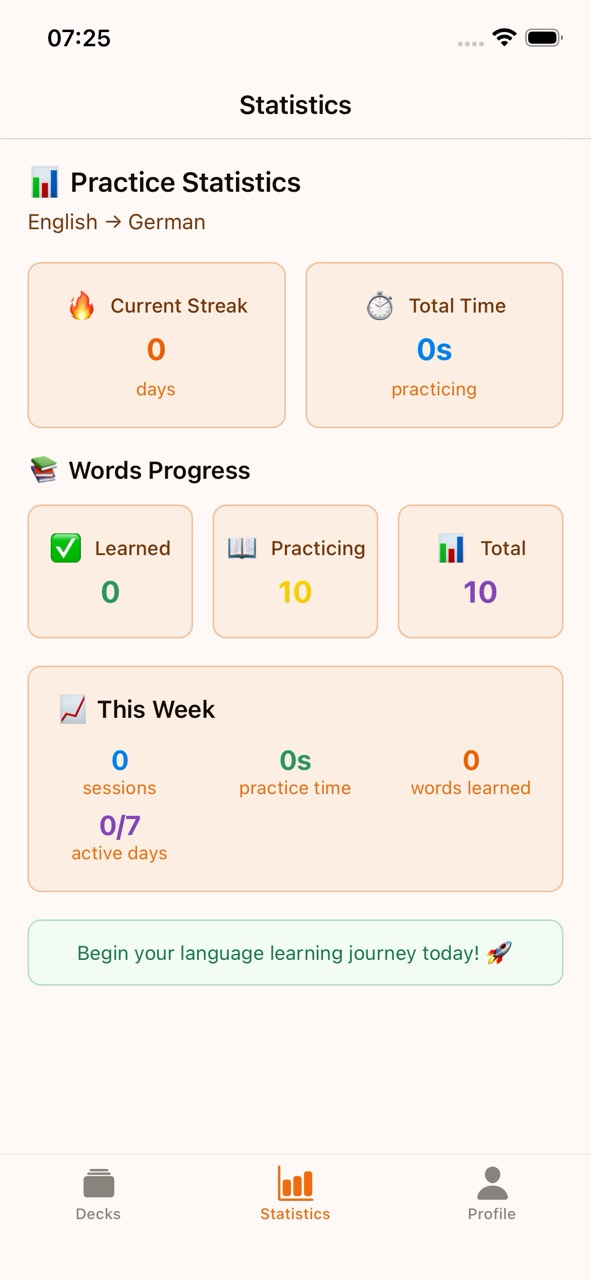 The Statistics tab showing practice stats, word progress, and weekly activity