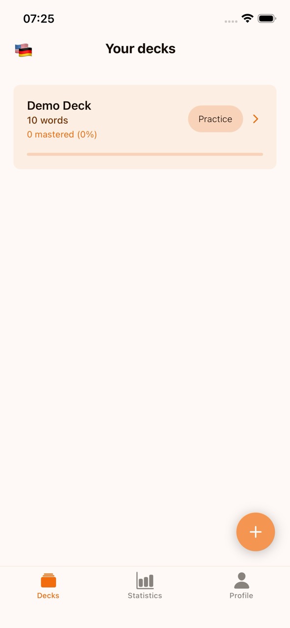 Your Decks library showing a deck card with word count, mastery percentage, and Practice button