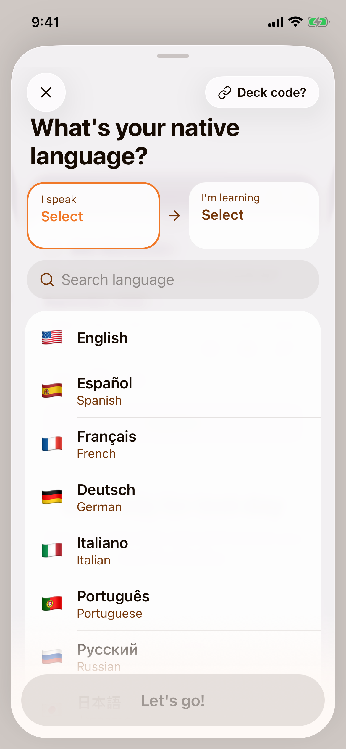 The language sheet titled What's your native language?, with the I speak and I'm learning fields above a searchable list of languages