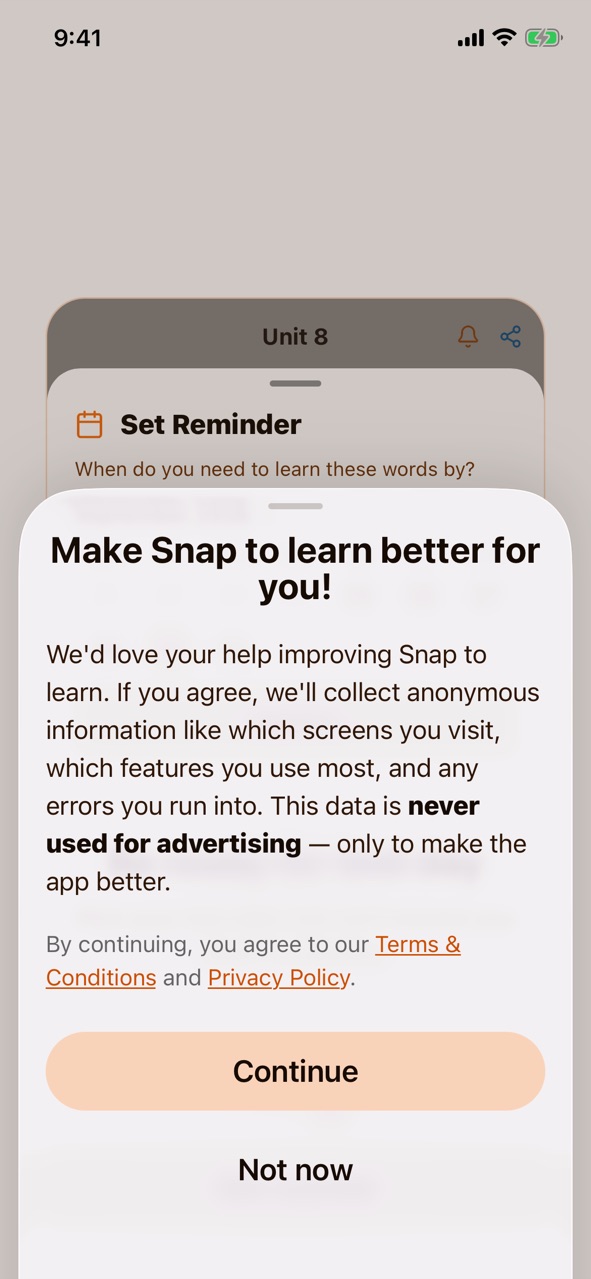 The privacy sheet titled Make Snap to learn better for you!, with a Continue button and a Not now link