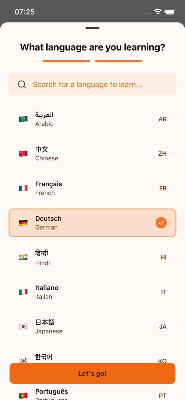 The language selection screen showing a searchable list of languages you can learn, with German selected