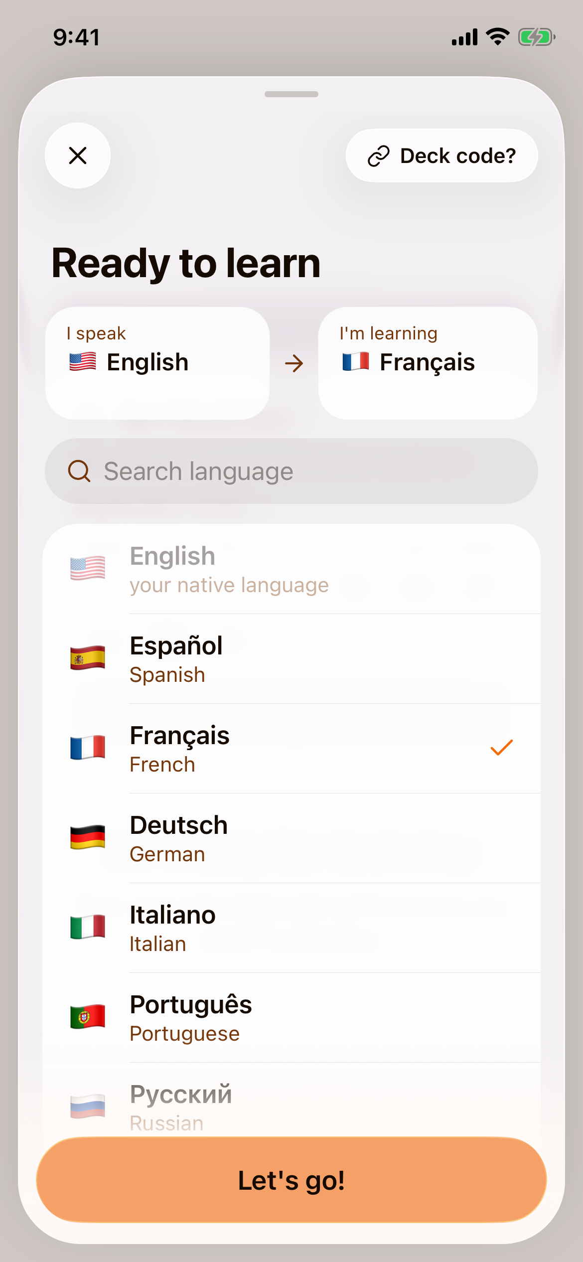 The language sheet titled Ready to learn, with English in I speak, Français in I'm learning, and the Let's go! button