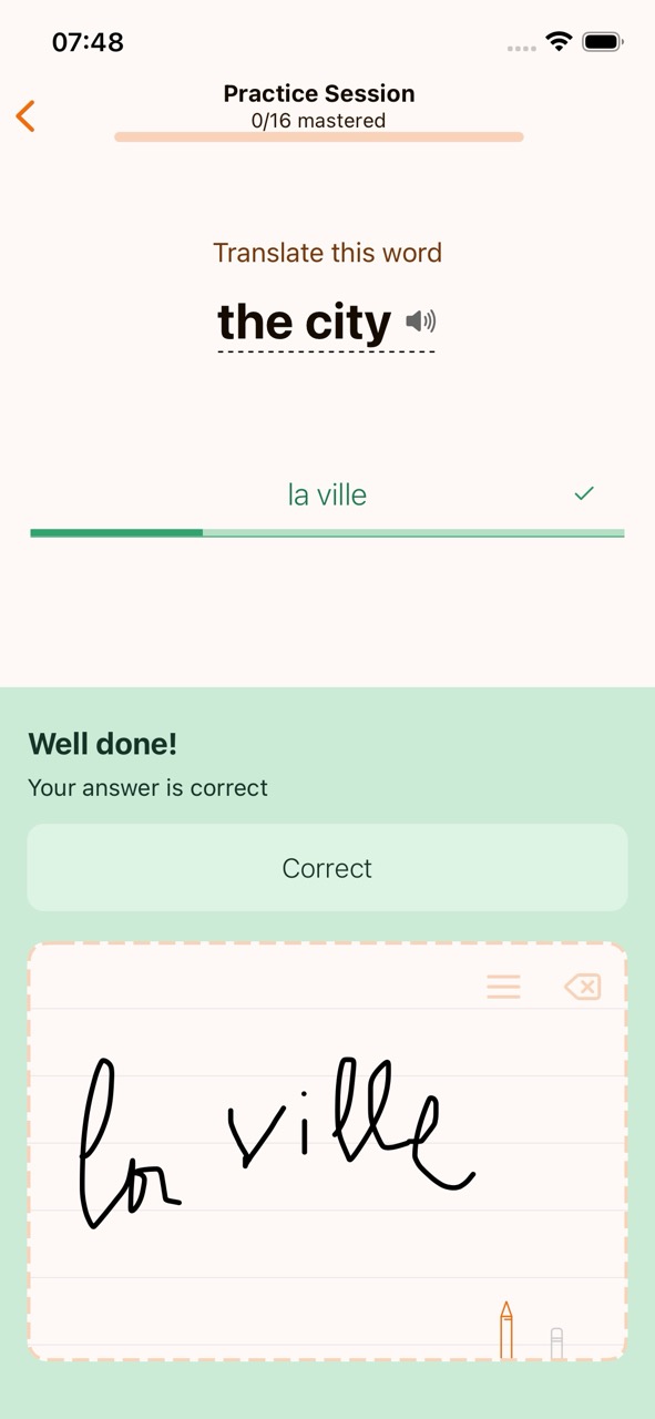 Correct answer screen with green success feedback