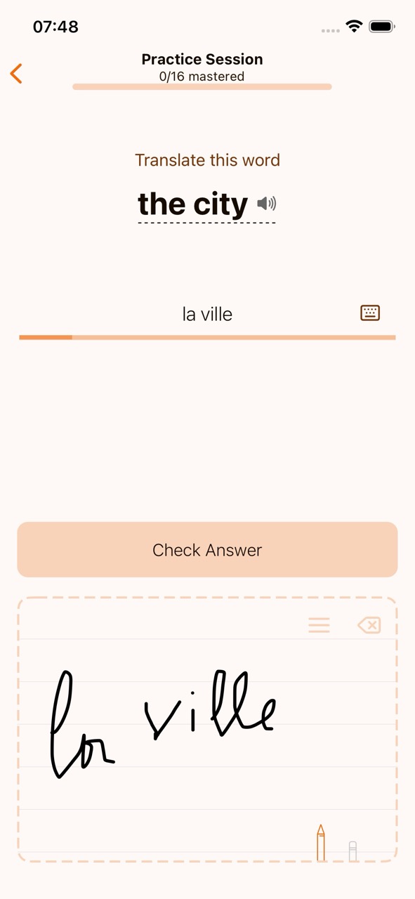 Complete answer "la ville" written on the canvas and recognized correctly