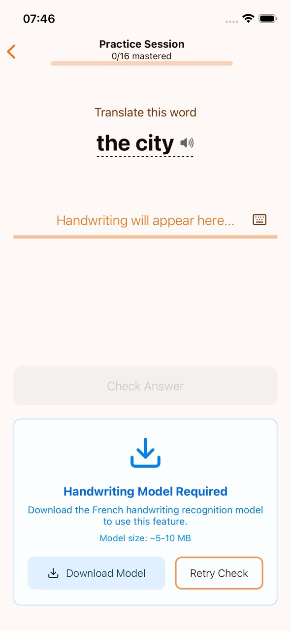 First-time handwriting setup showing the model download prompt