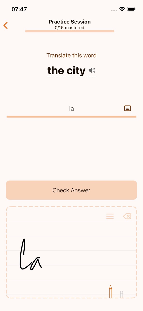 Writing "la" on the canvas with real-time recognition showing above