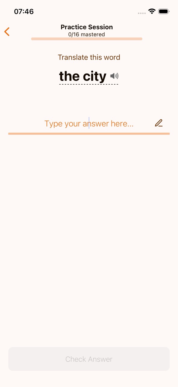 Practice session showing the empty keyboard mode with progress bar and a word to translate