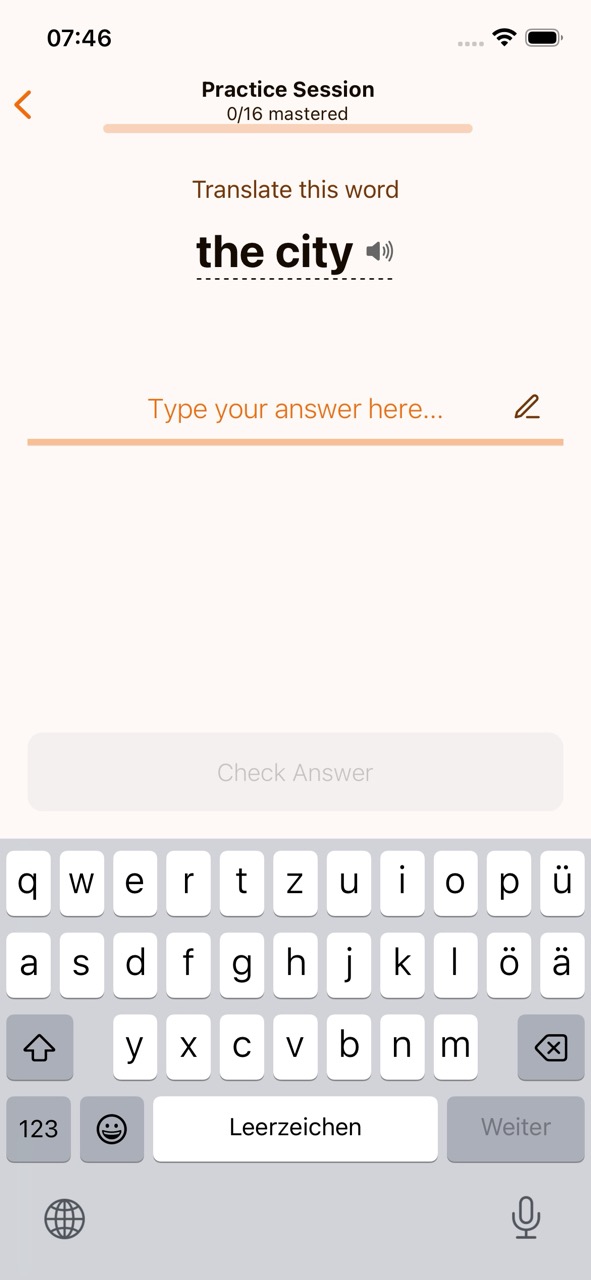 Keyboard mode with the German keyboard visible, showing special character keys