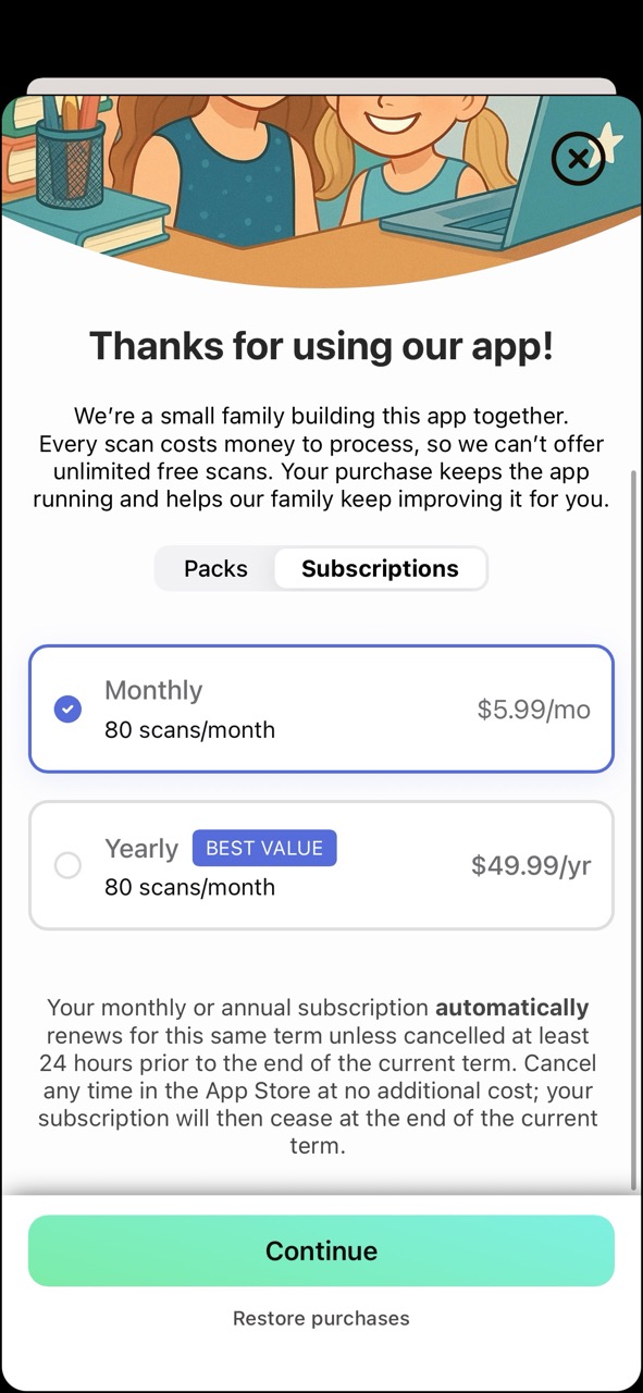 The subscriptions tab showing Monthly ($5.99/mo) and Yearly ($49.99/yr) plans