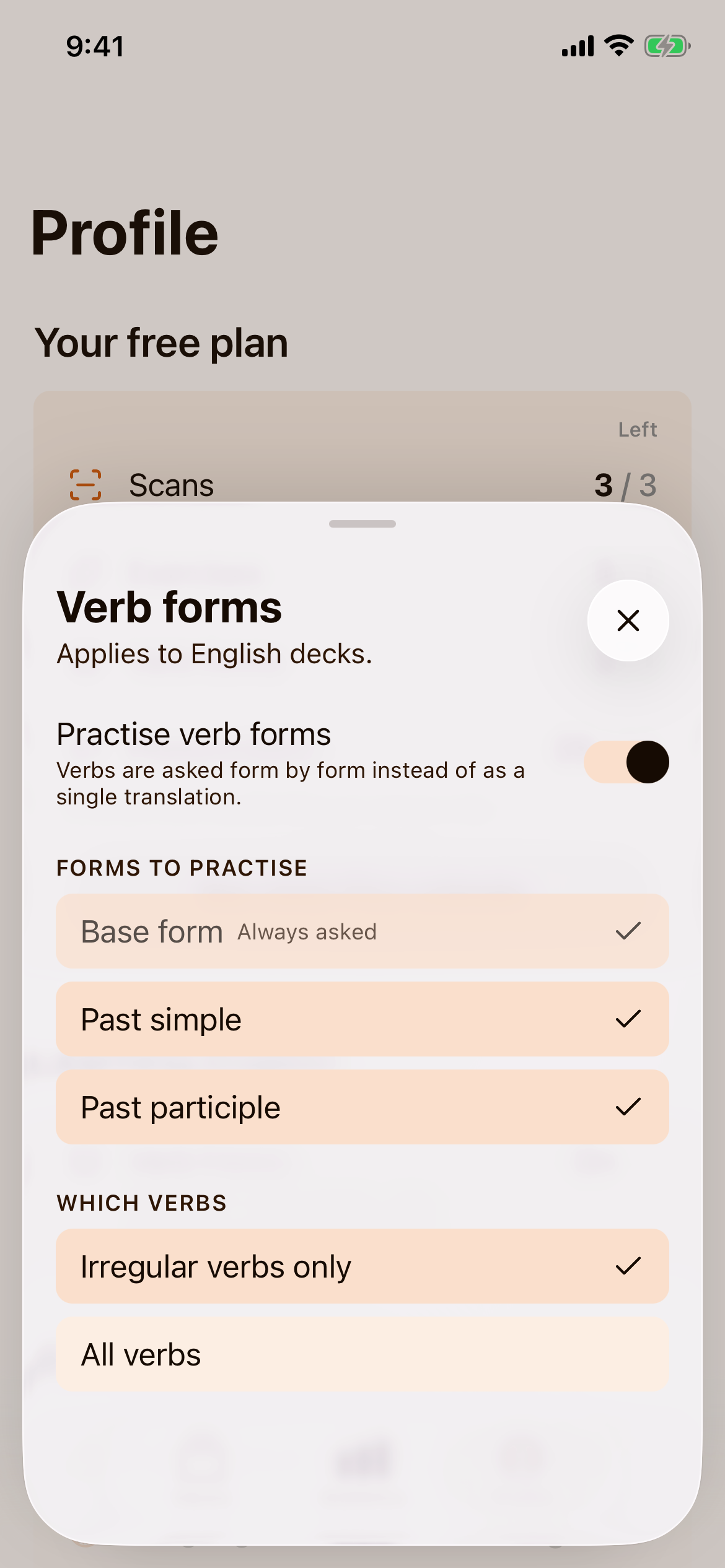 The Verb forms settings sheet with a Practise verb forms switch, a list of forms to practise, and a choice between irregular verbs only and all verbs