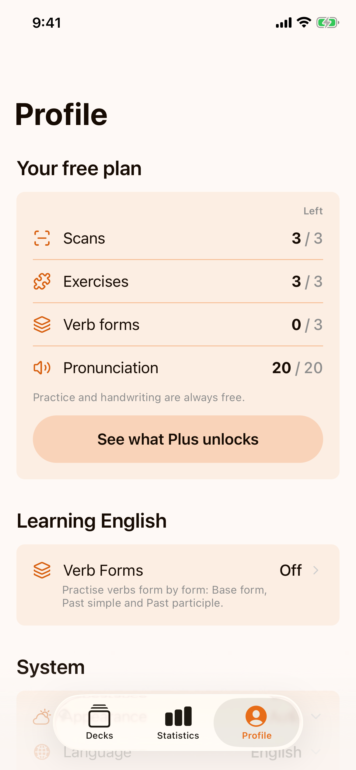 The Profile tab with the Verb Forms row reading Off after the free verbs have been used