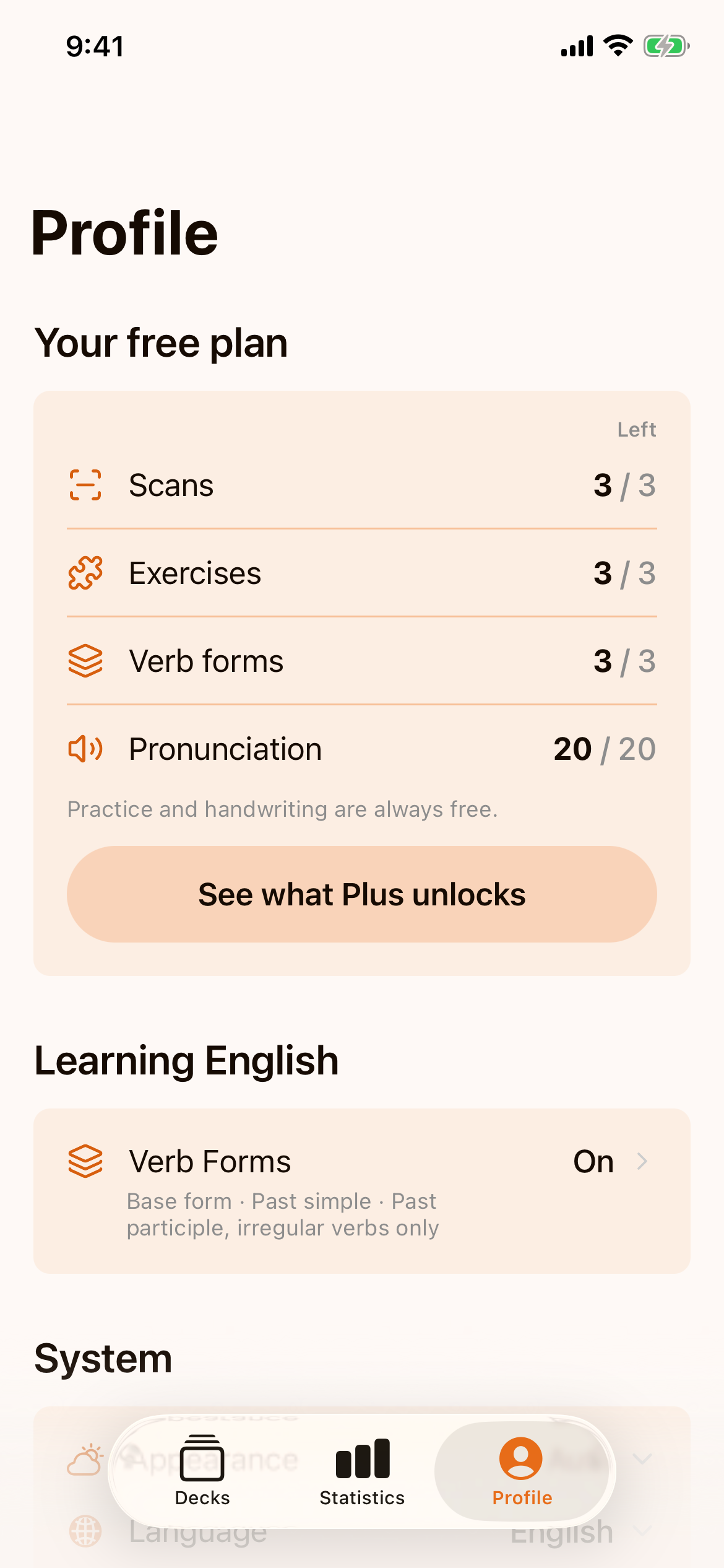 The Profile tab with a Learning English section showing Verb Forms: On, Base form · Past simple · Past participle, irregular verbs only
