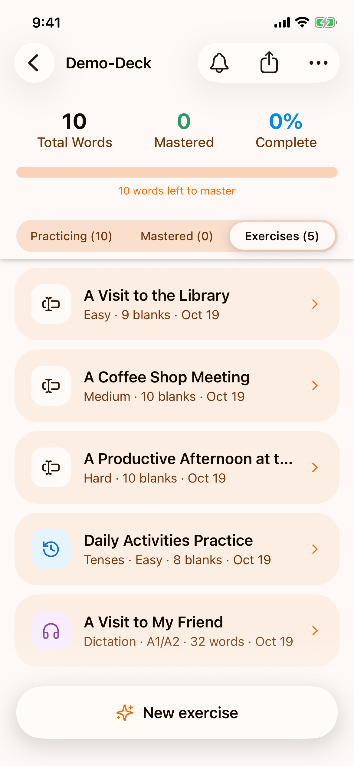 The Exercises tab of the Demo-Deck, listing three vocabulary exercises, one "Daily Activities Practice" exercise tagged Tenses and a dictation