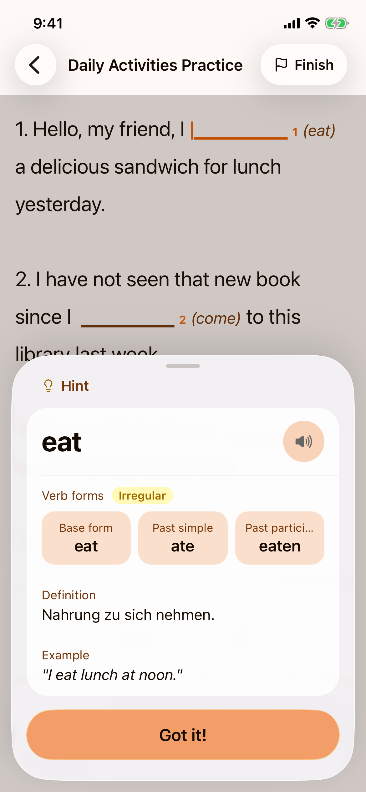 A tense exercise with numbered sentences, each with a blank followed by the base form of the verb in brackets