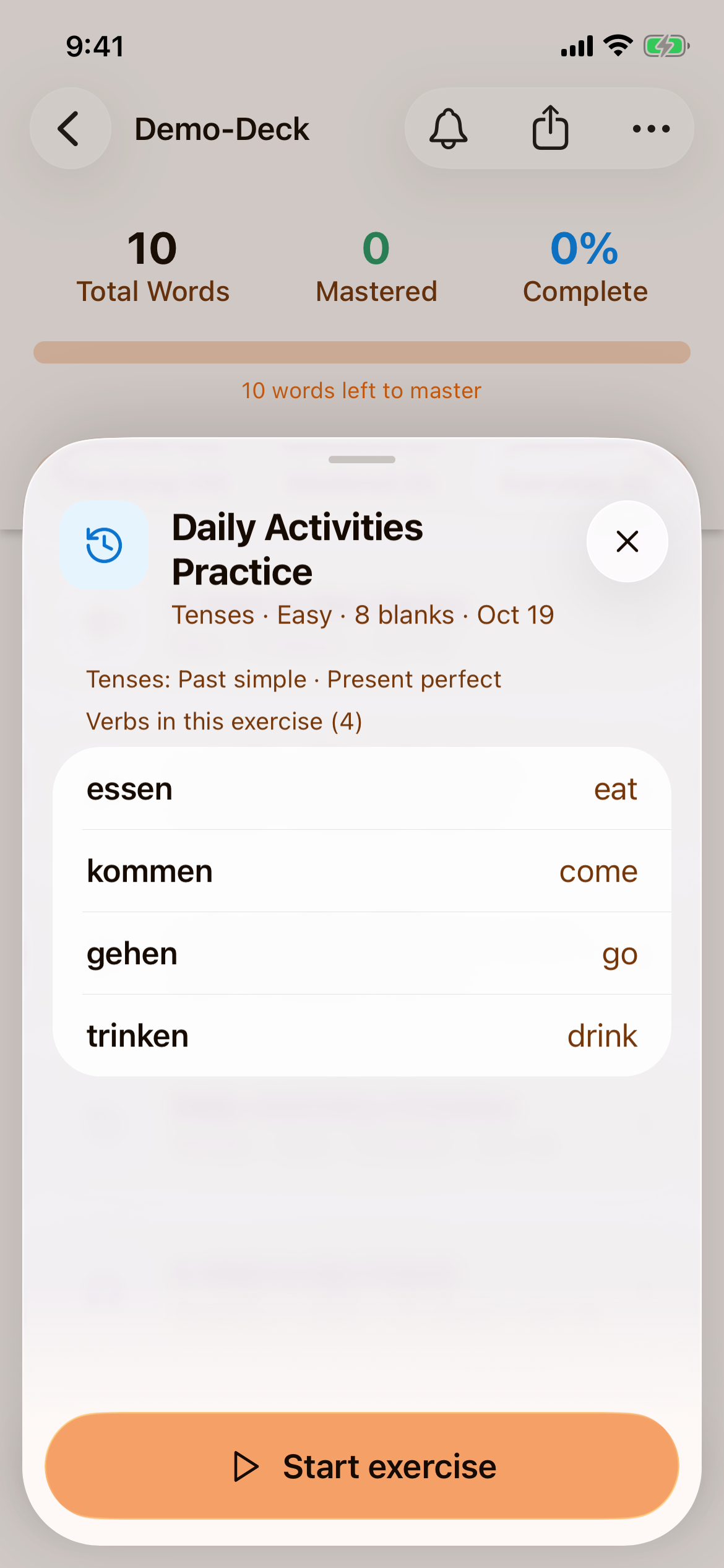The preview of "Daily Activities Practice", showing Tenses: Past simple · Present perfect and the four verbs in the exercise