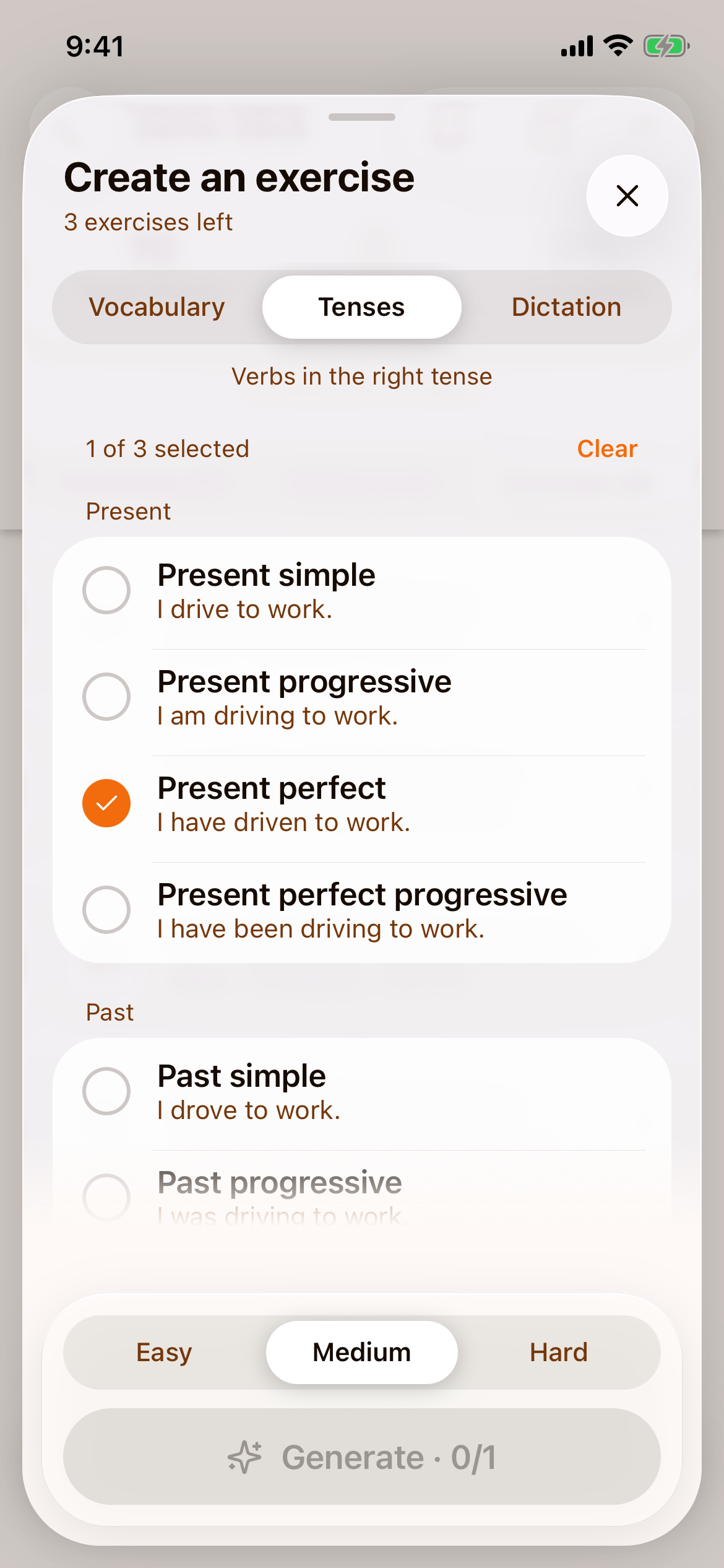 The tense list with Present perfect and Past simple ticked
