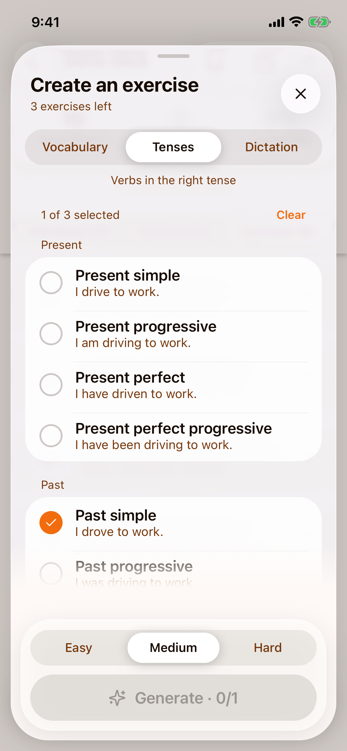 The Create an exercise sheet with Tenses selected, listing present tenses with an example sentence under each one