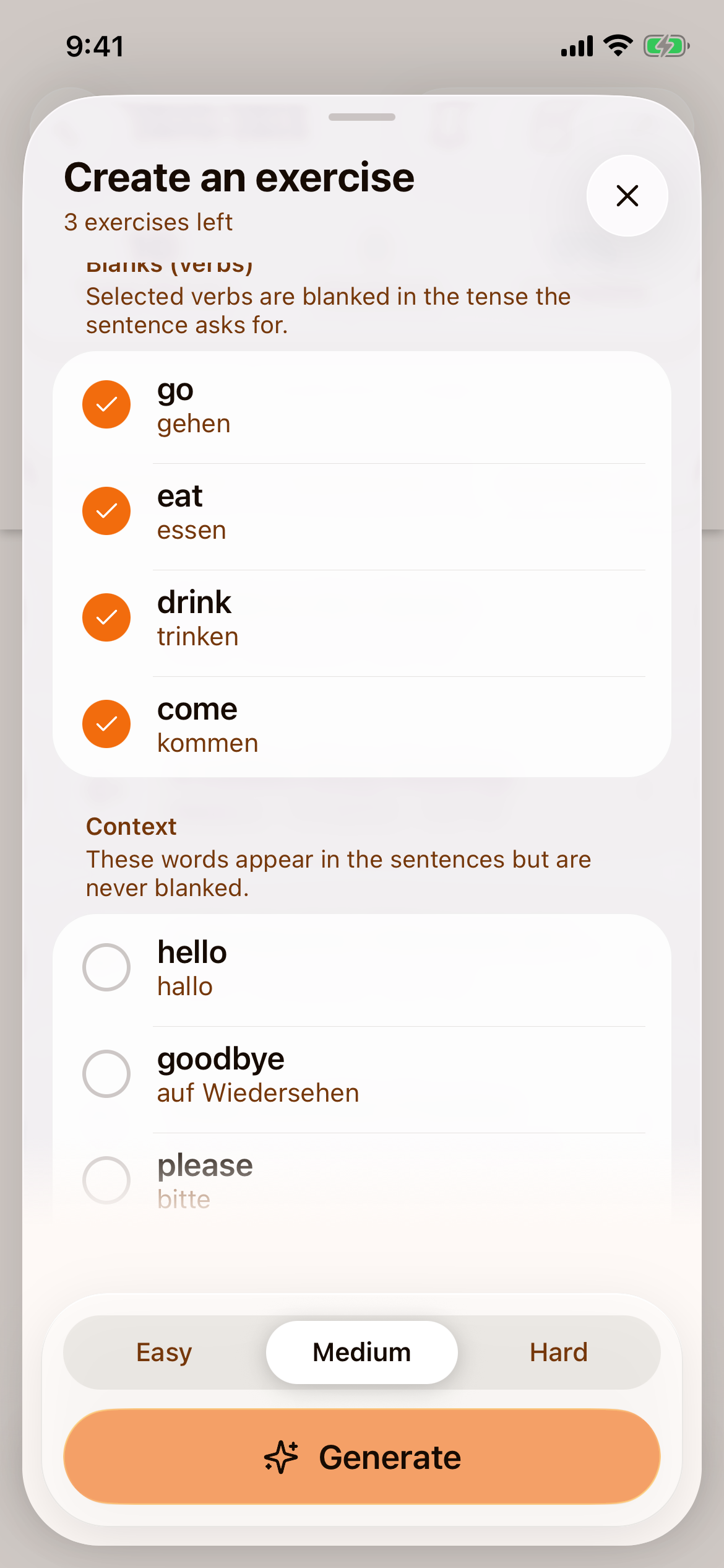 The lower part of the sheet with Sentences selected, the verbs go, eat, drink and come ticked as blanks
