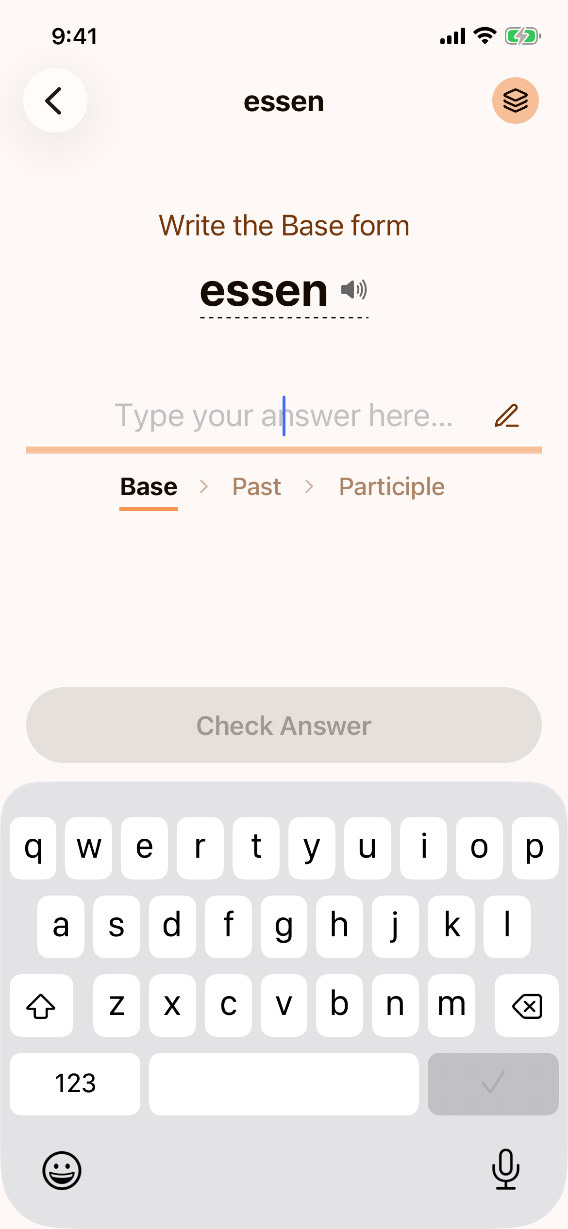 A practice session asking "Write the Base form" for essen, with a Base › Past › Participle row under the answer field and the verb forms button (a stack icon) in the top-right corner