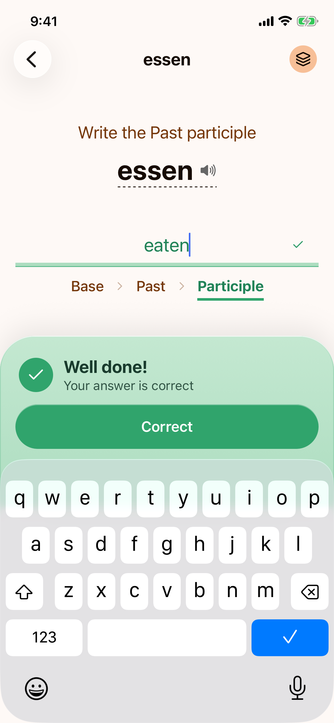 The past participle step answered correctly with "eaten", all three forms in the row completed, and the Well done! banner