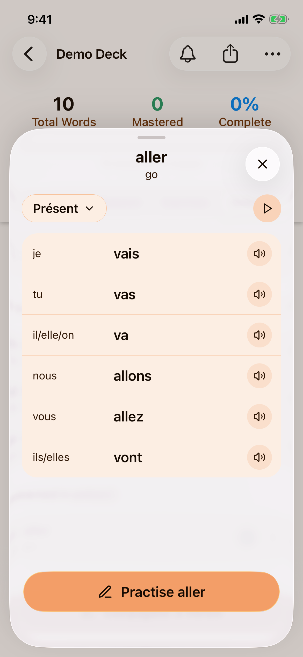 The forms sheet of aller in the présent: every person with its form and a speaker button, and the round Play all button
