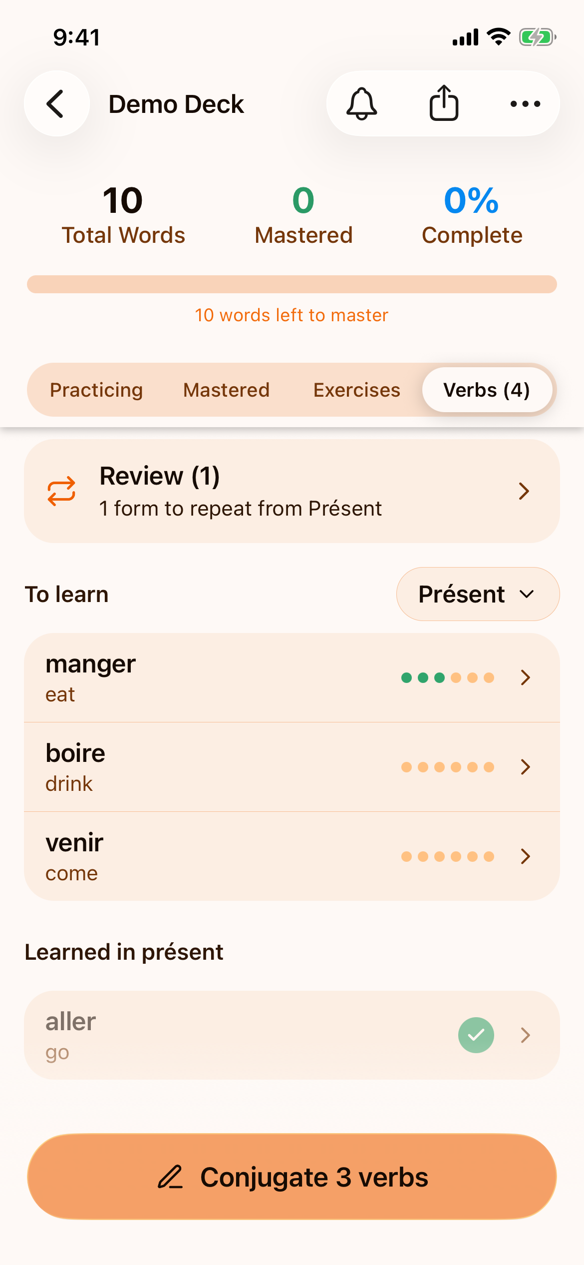 The Verbs tab of the Demo Deck: a Review card, the tense pill Présent, manger, boire and venir under To learn with one dot per person, aller under Learned in présent, and the Conjugate 3 verbs button