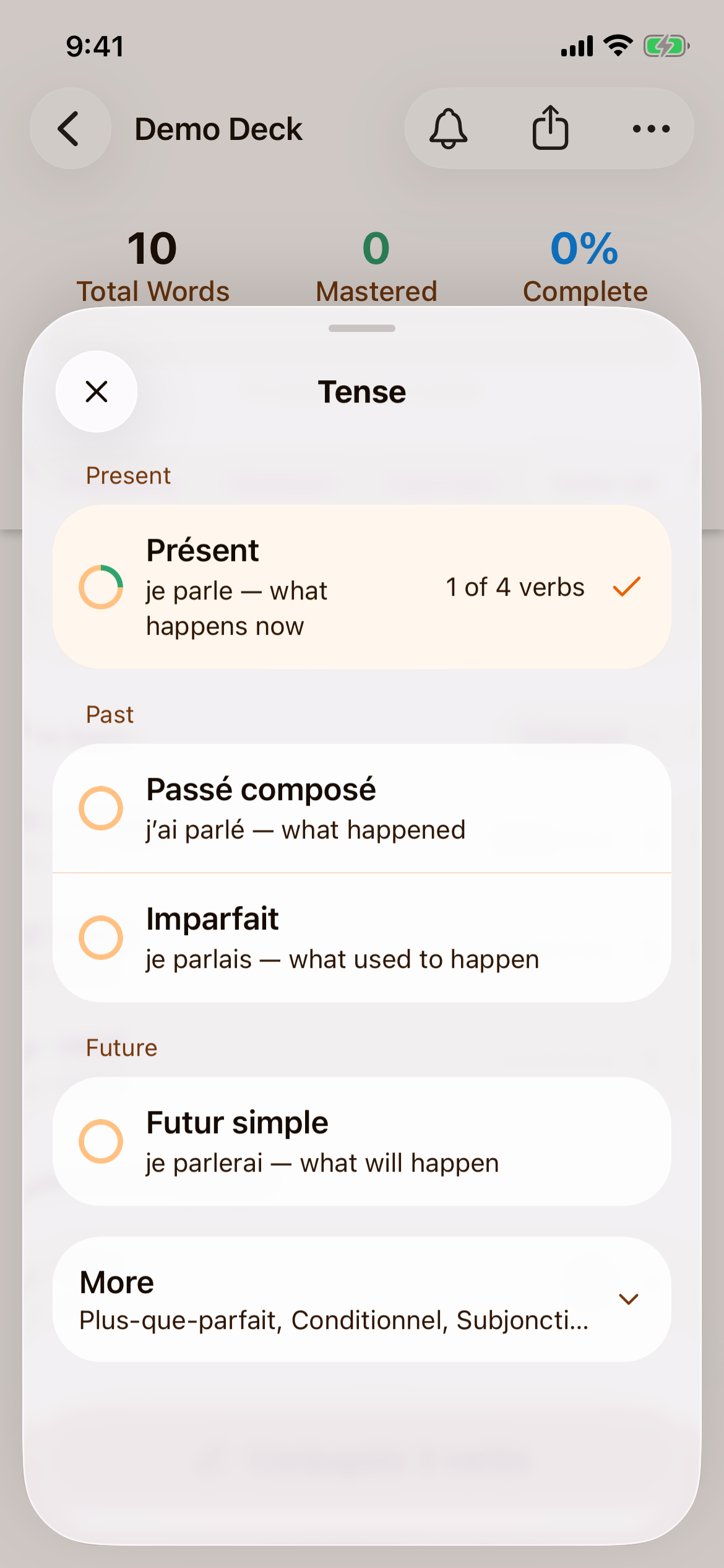 The Tense sheet listing the French tenses with an example, what each tense is for, and how many verbs are learned